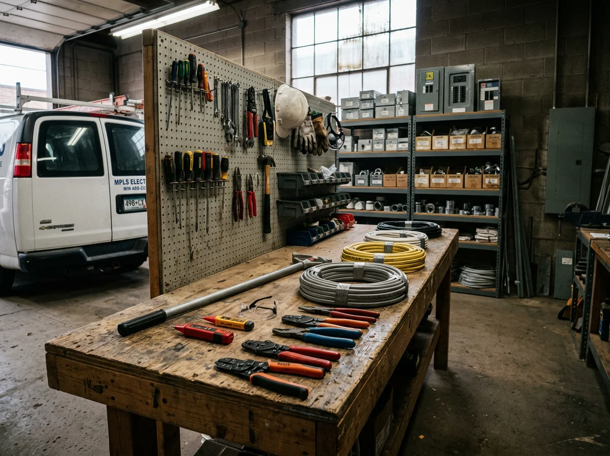 Electrician tools and equipment arranged on a workbench, ready for service calls.
