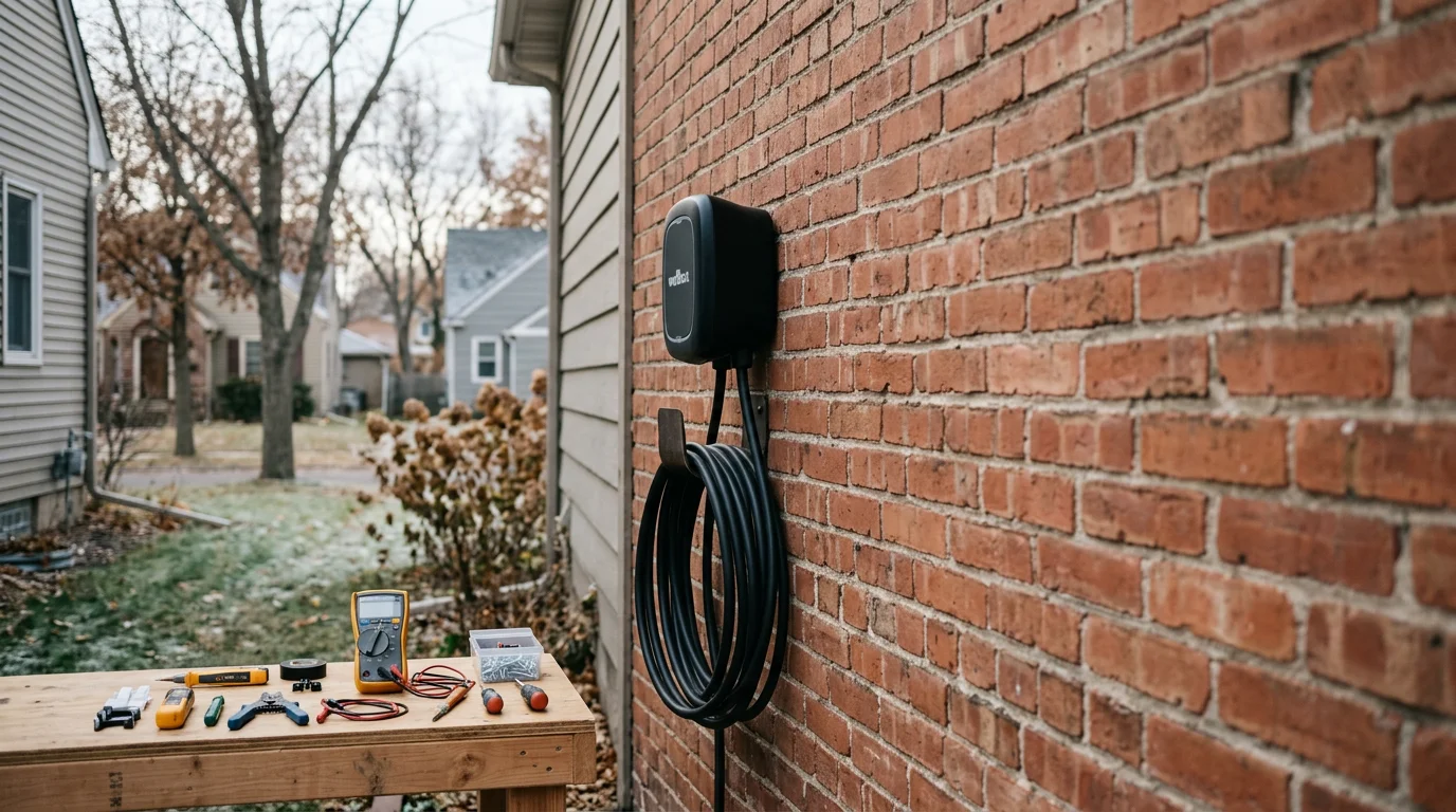 Electric vehicle charging station installed at a residential garage