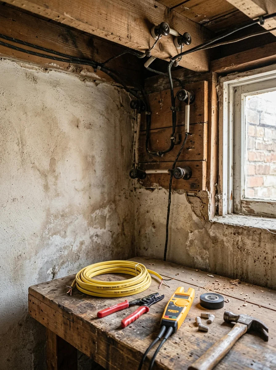 Electrician performing knob-and-tube wiring removal in Albert Lea basement