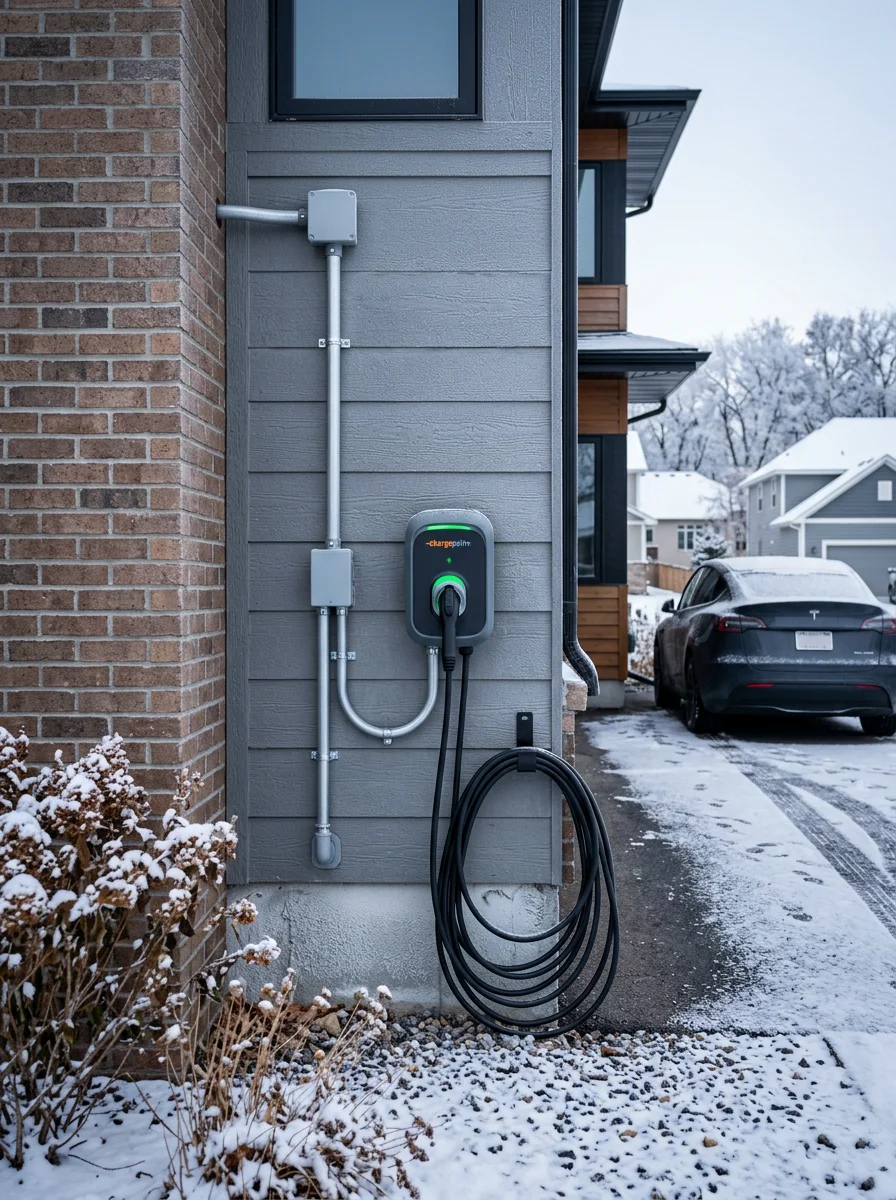Electrician installing EV charger on Apple Valley home exterior in cold weather