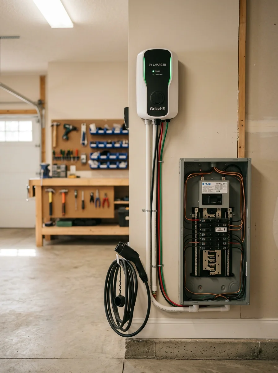 A Level 2 EV car charger mounted on the interior wall of a Bloomington, Minnesota suburban garage, with new wiring running to an upgraded electrical panel.