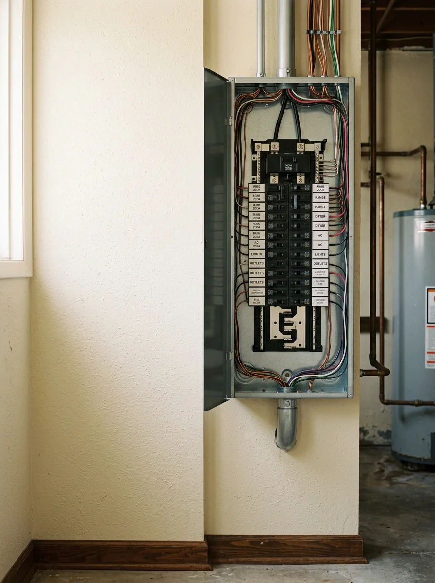 A newly installed 200-amp electrical panel in the utility room of a Brooklyn Park, Minnesota midcentury home, replacing an original 100-amp fuse box.