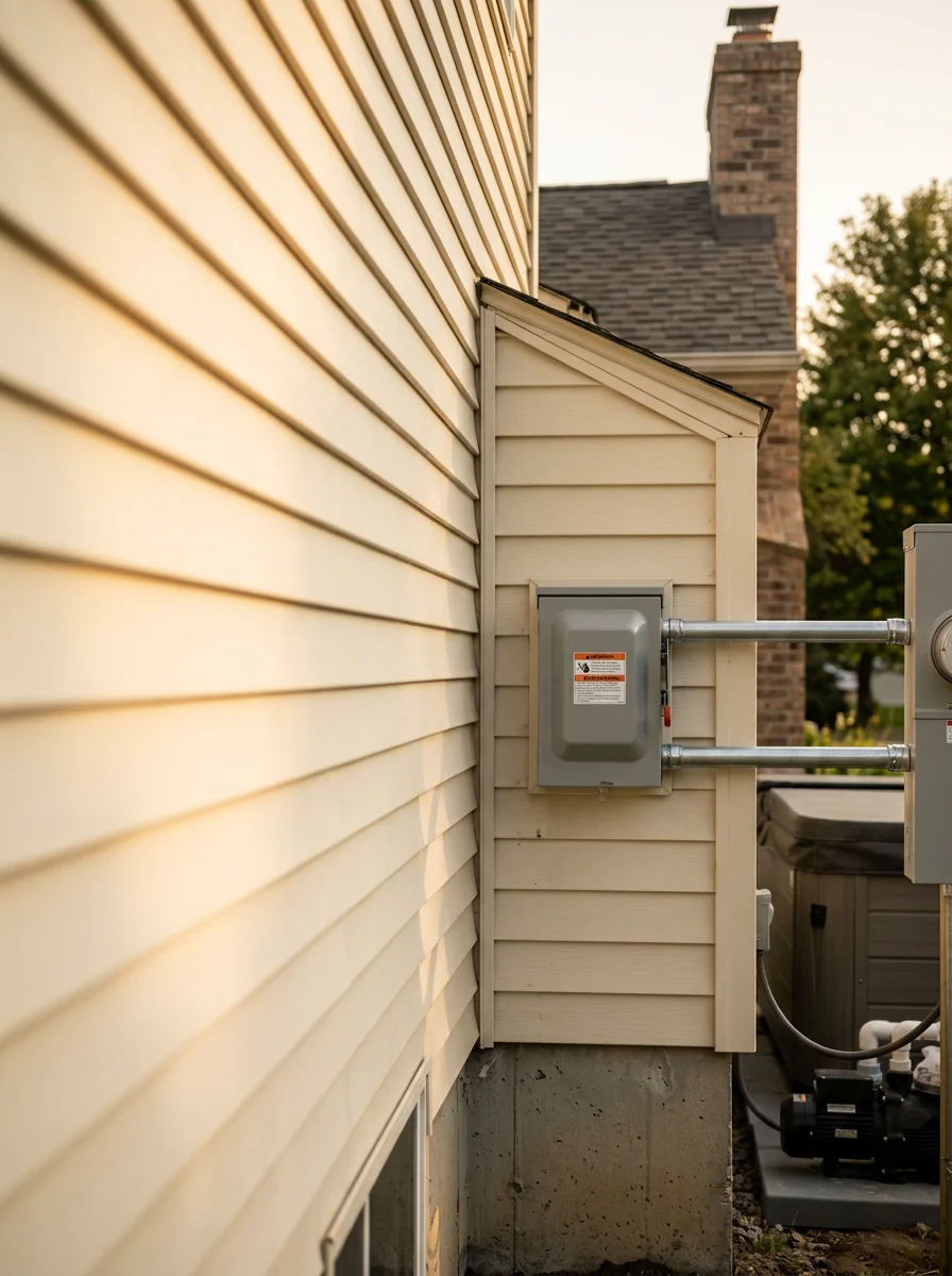 A GFCI disconnect box installed on the exterior wall of a Burnsville, Minnesota home near a new hot tub, with conduit running back to the upgraded panel.