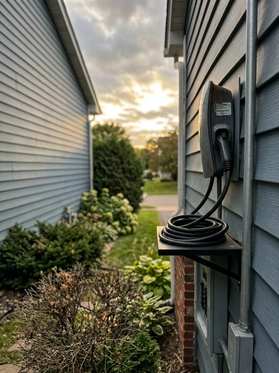 Electrician installing EV charger on exterior of Coon Rapids home with aluminum siding