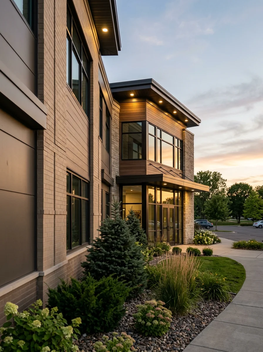 Exterior view of an Eden Prairie commercial building with professional outdoor lighting and signage