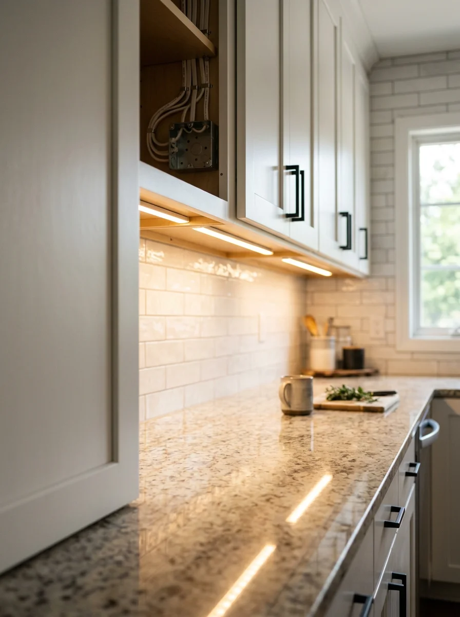New under-cabinet LED lighting installed in a renovated kitchen in Edina's Country Club District, with updated wiring running through the cabinet interior.