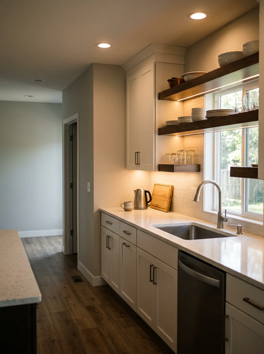 Modern kitchen with under-cabinet lighting and recessed fixtures in new Elk River home