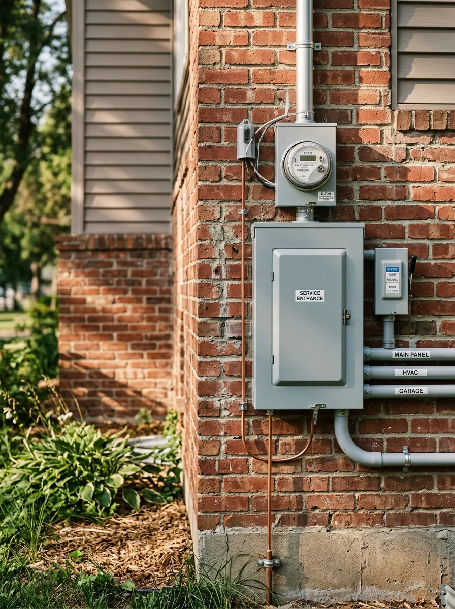 Electrical panel and service entrance on exterior of Fridley home, showing upgraded wiring and modern breaker box