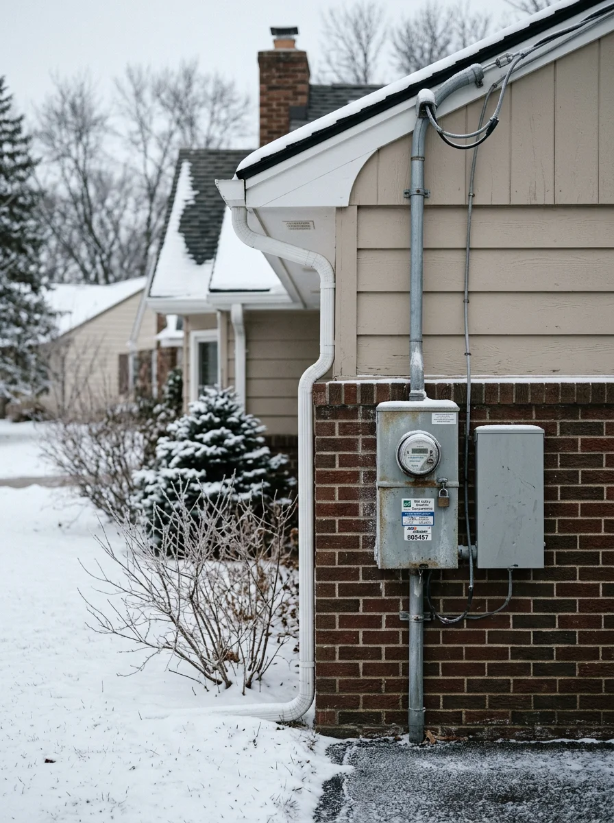 Snowy winter scene of an Inver Grove Heights single-family home with outdoor electrical equipment