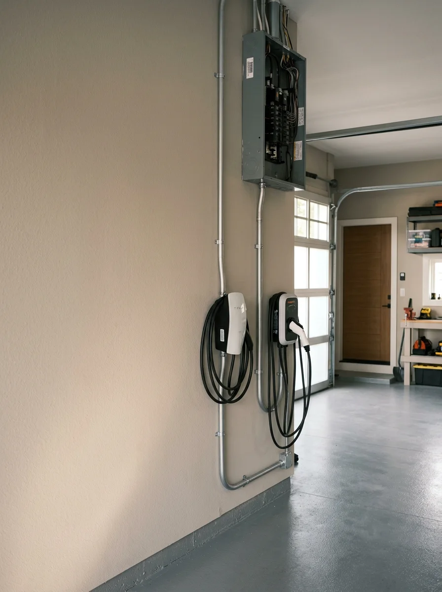 Two Level 2 EV car chargers installed in a three-car garage of a newer executive home in Lakeville, Minnesota, with conduit running to a 200-amp electrical panel.