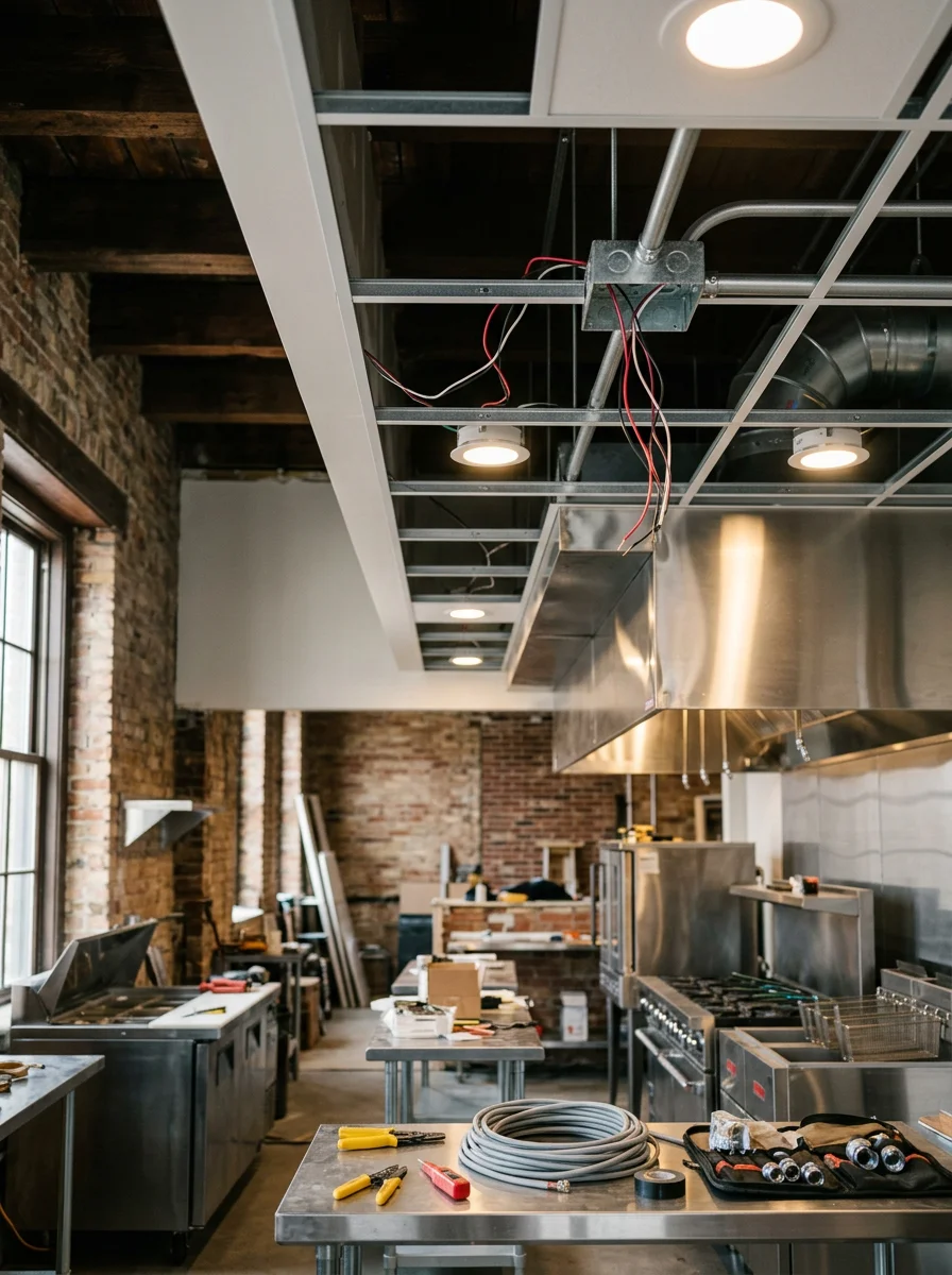 Restaurant kitchen lighting installation in downtown Mankato commercial space