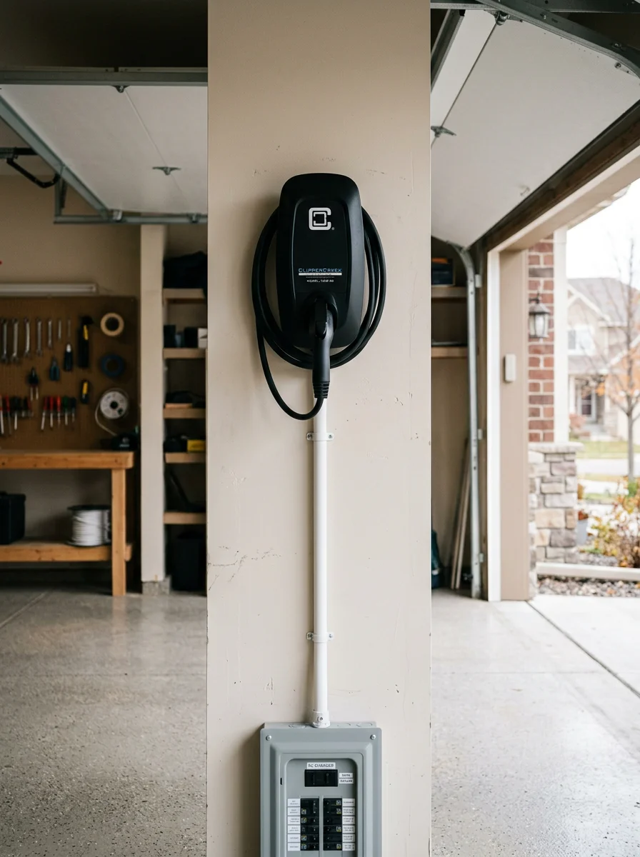 A newly installed EV car charger mounted in a three-car garage in an established Maple Grove neighborhood, with conduit running to an upgraded electrical panel.