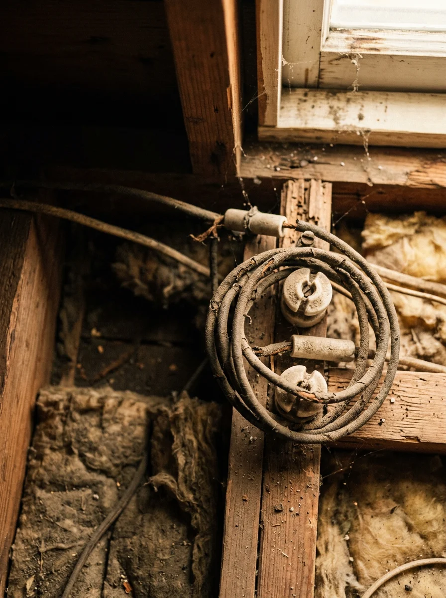 Close-up of ceramic knob-and-tube wiring components found in the attic of an older Minneapolis home, showing deteriorated rubber insulation.