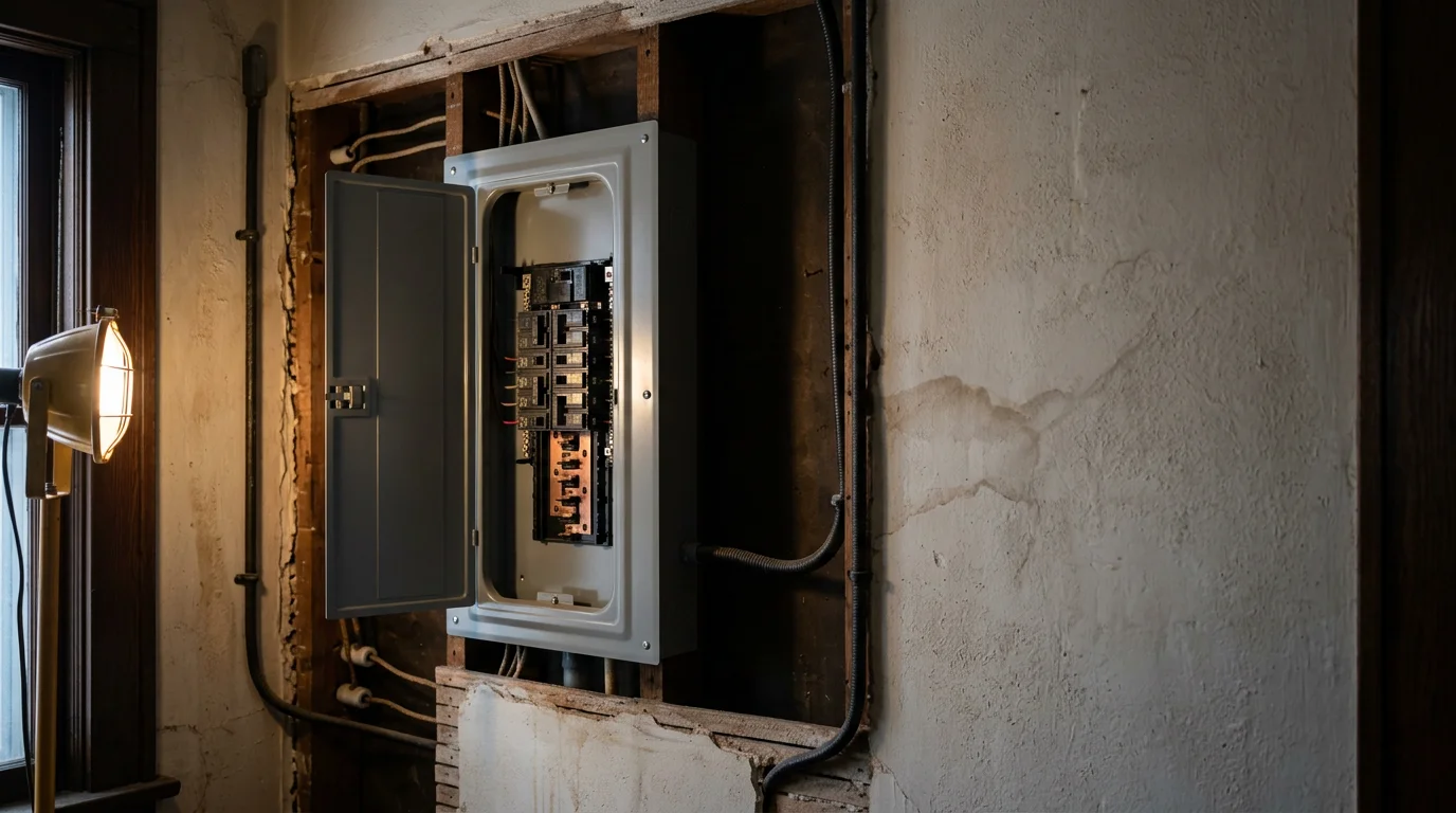 An electrician working inside the electrical panel of a pre-1940 craftsman bungalow in Minneapolis, Minnesota, with exposed knob-and-tube wiring visible in the background.