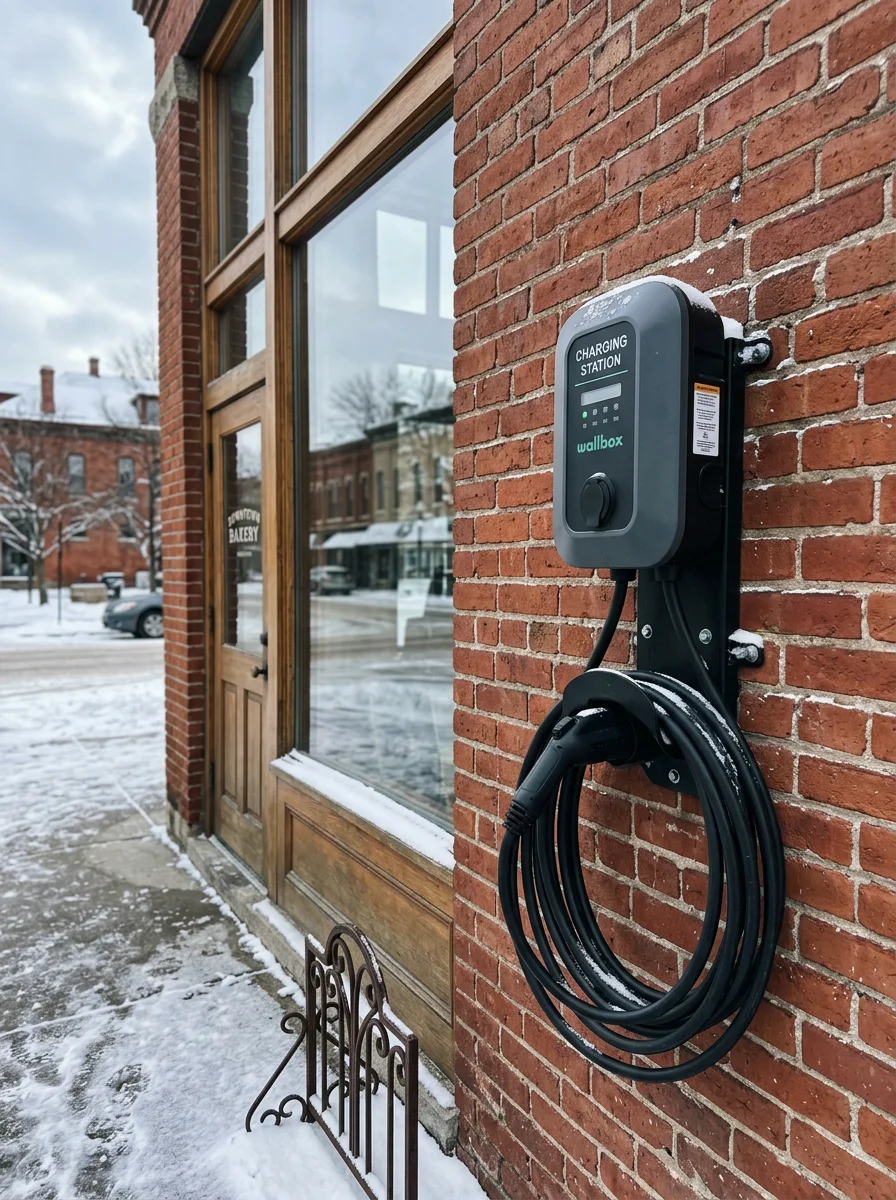 EV charging station installation at a Northfield commercial property during winter conditions