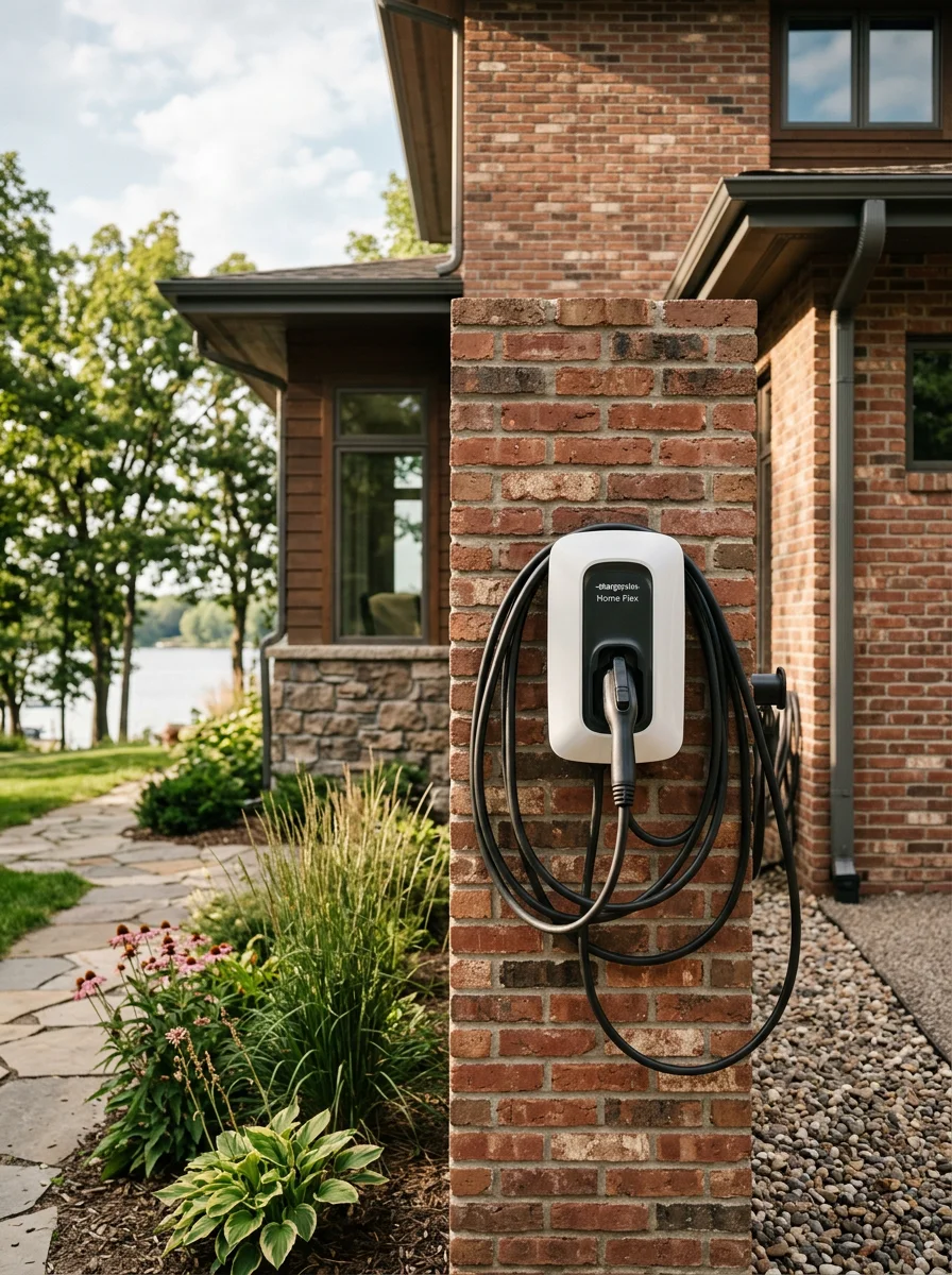 Electrician installing an EV charger on the exterior of a Prior Lake lakefront residence