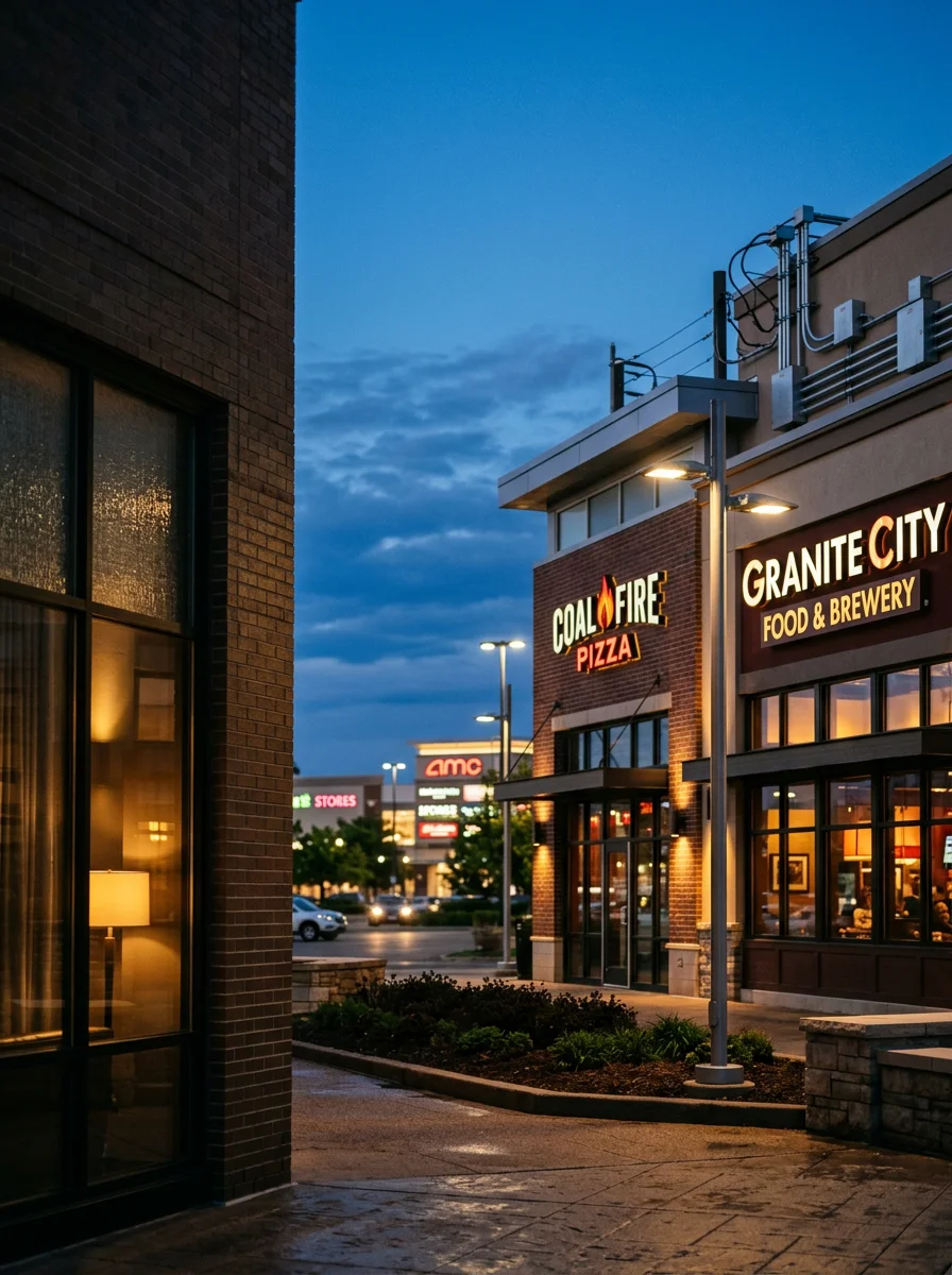 Rosedale Center commercial retail district in Roseville with restaurant and storefront lighting