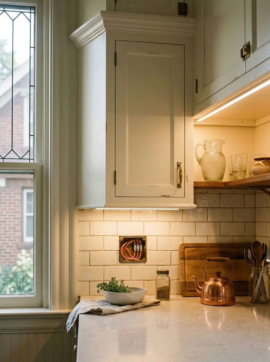 Interior view of an older Saint Paul Victorian home kitchen showing new under-cabinet lighting installation alongside updated wiring.