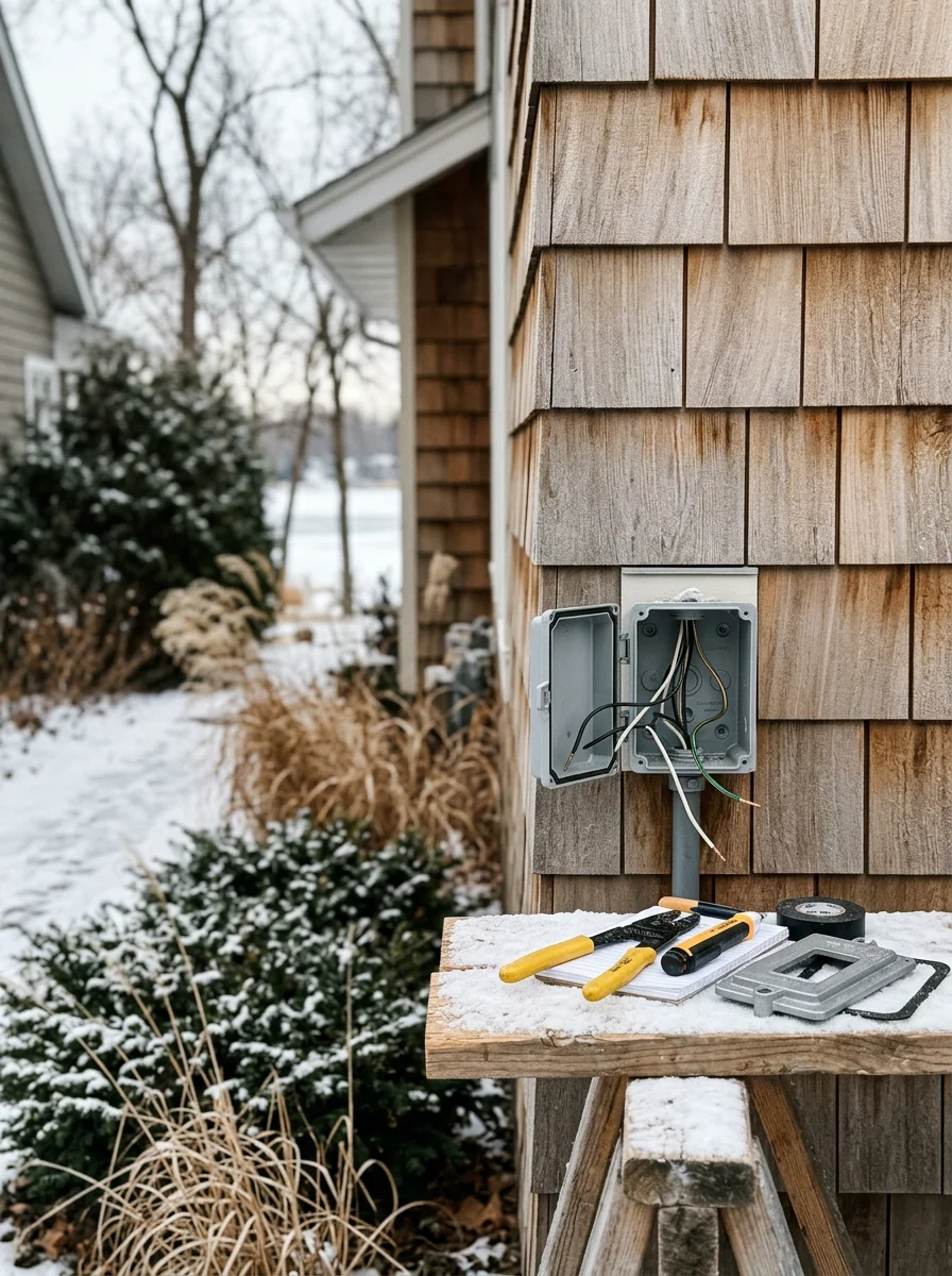 Electrician installing weatherproof outdoor outlet near lake-adjacent property in St. Louis Park during winter conditions