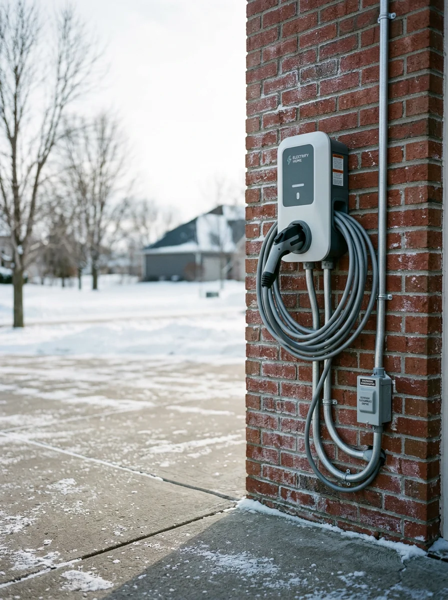 EV charger installation on Waconia residential driveway with winter landscape background