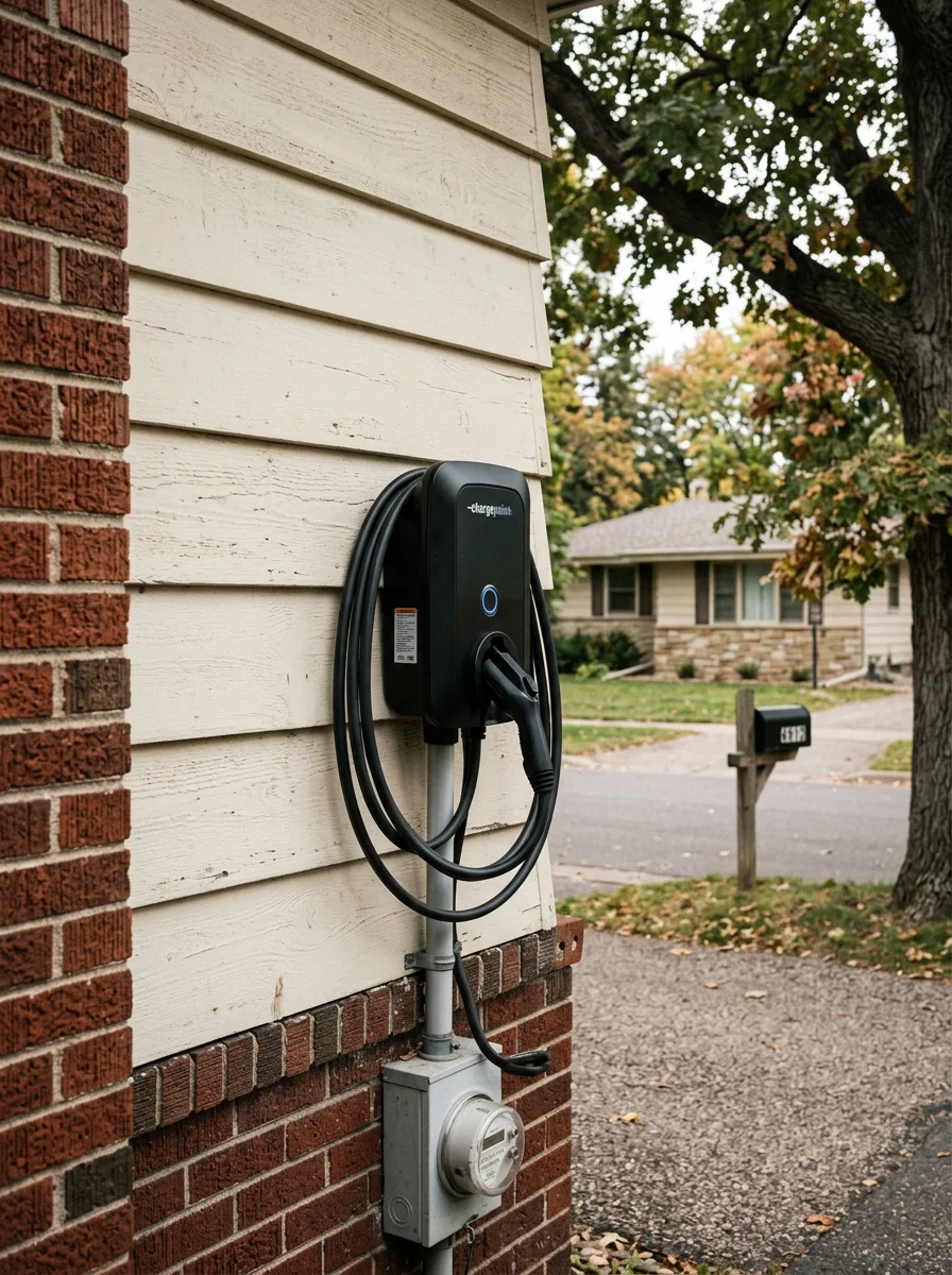 Electrician installing modern EV charger on exterior of mid-century White Bear Lake home