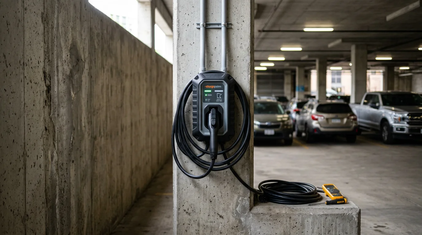 A commercial EV charging station installed in a Minneapolis business parking lot, with charging equipment mounted on a pedestal and conduit running along a concrete curb in a winter-ready outdoor setting.