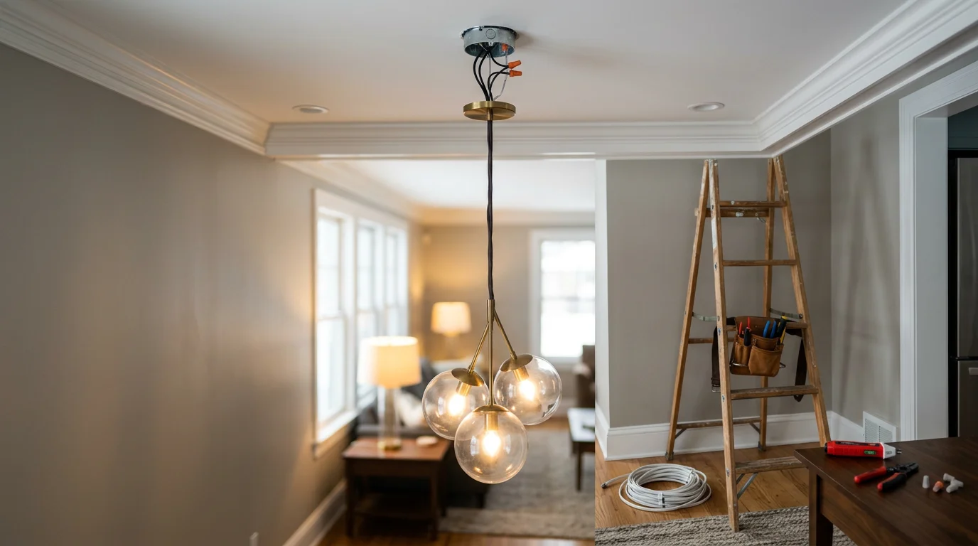 Decorative pendant and accent lighting installed in a Minneapolis-area home, showing warm layered light across a dining and living space. Exterior architectural lighting highlights the facade of a Twin Cities residential property against a dark winter evening sky.