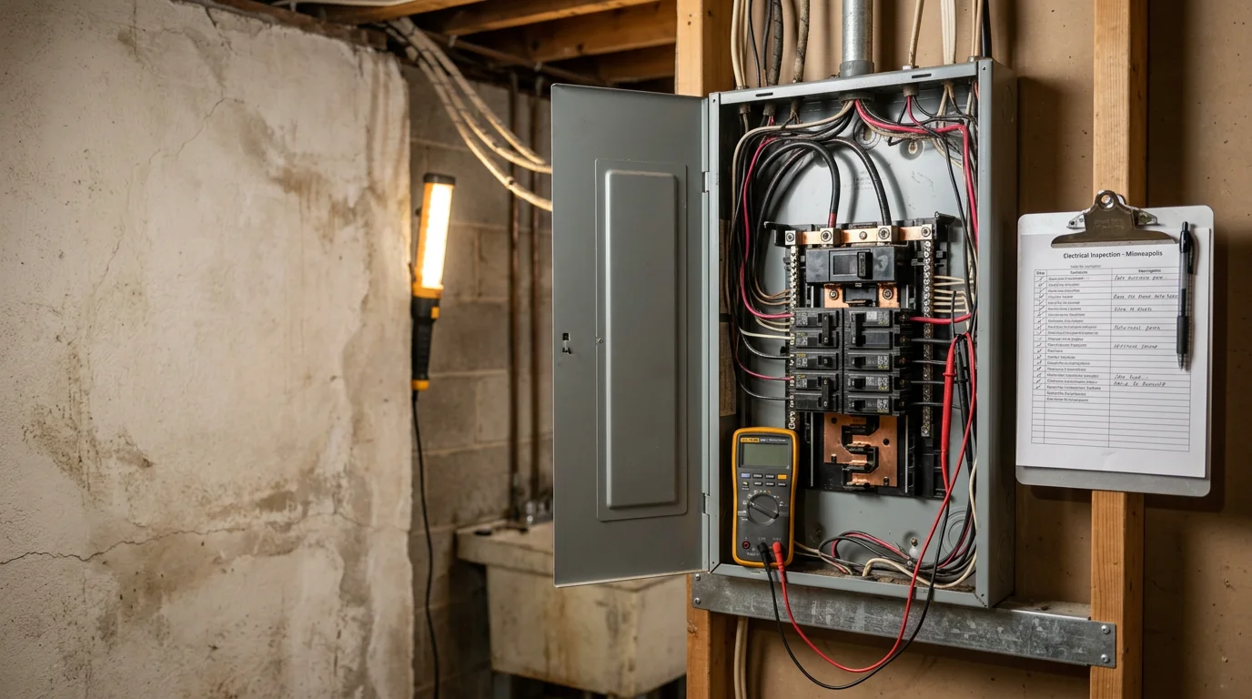 An electrician from Eddie Electric examining a residential electrical panel during a safety inspection in a Minneapolis-area home. The panel cover is open and the electrician is reviewing circuit breakers and wiring connections.