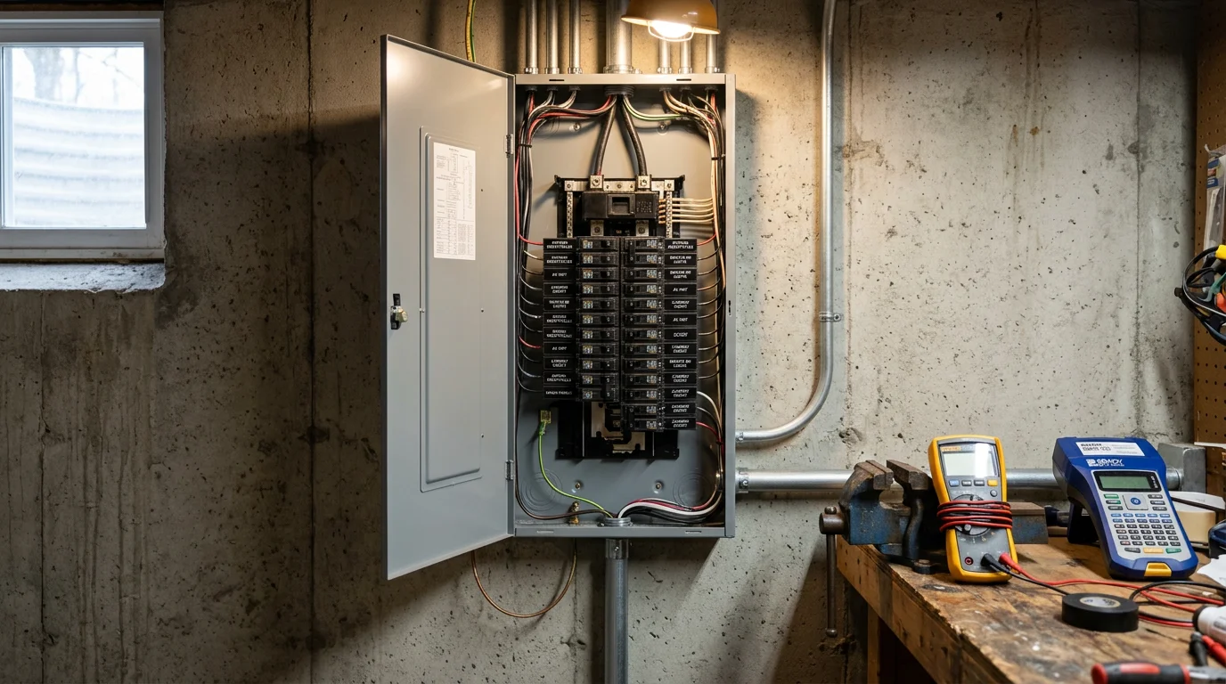 A licensed electrician installing a new residential electrical panel in a Minneapolis-area home, with neatly organized wiring and clearly labeled circuit breakers. The upgraded service panel replaces an older undersized unit to meet modern power demands.