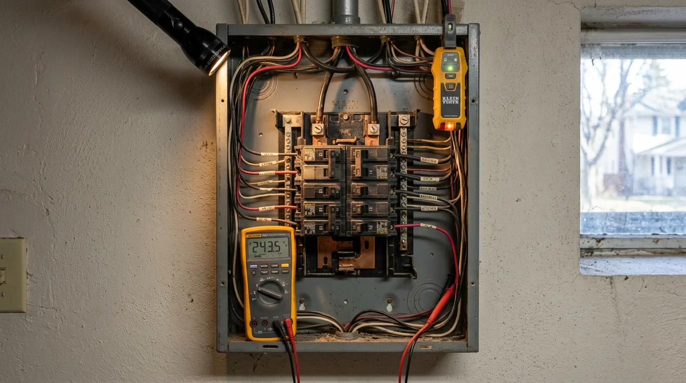 An electrician inspecting an open residential electrical panel in a Minneapolis-area home, checking for signs of overheating or faulty breakers during an emergency repair call.