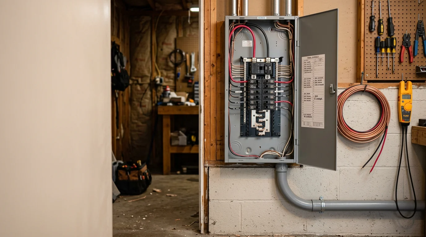 An electrician upgrading a residential electrical panel in a Minneapolis home garage to support a Level 2 EV charger installation. New circuit breakers and conduit wiring are visible inside the open panel box.