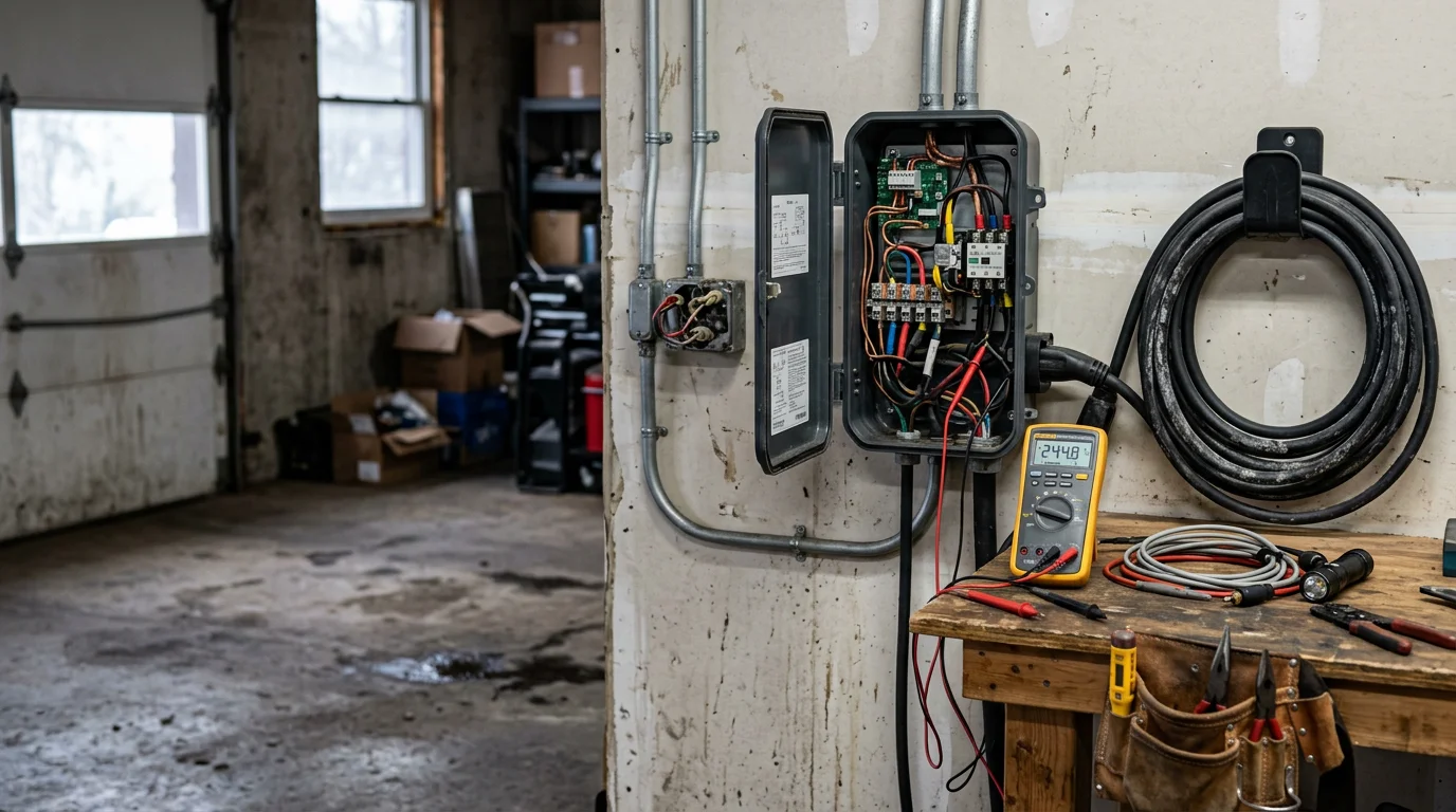 An electrician inspecting the wiring and connections of a Level 2 EV charger mounted in a residential garage in Minneapolis. The charger circuit panel and conduit run are visible in the background.