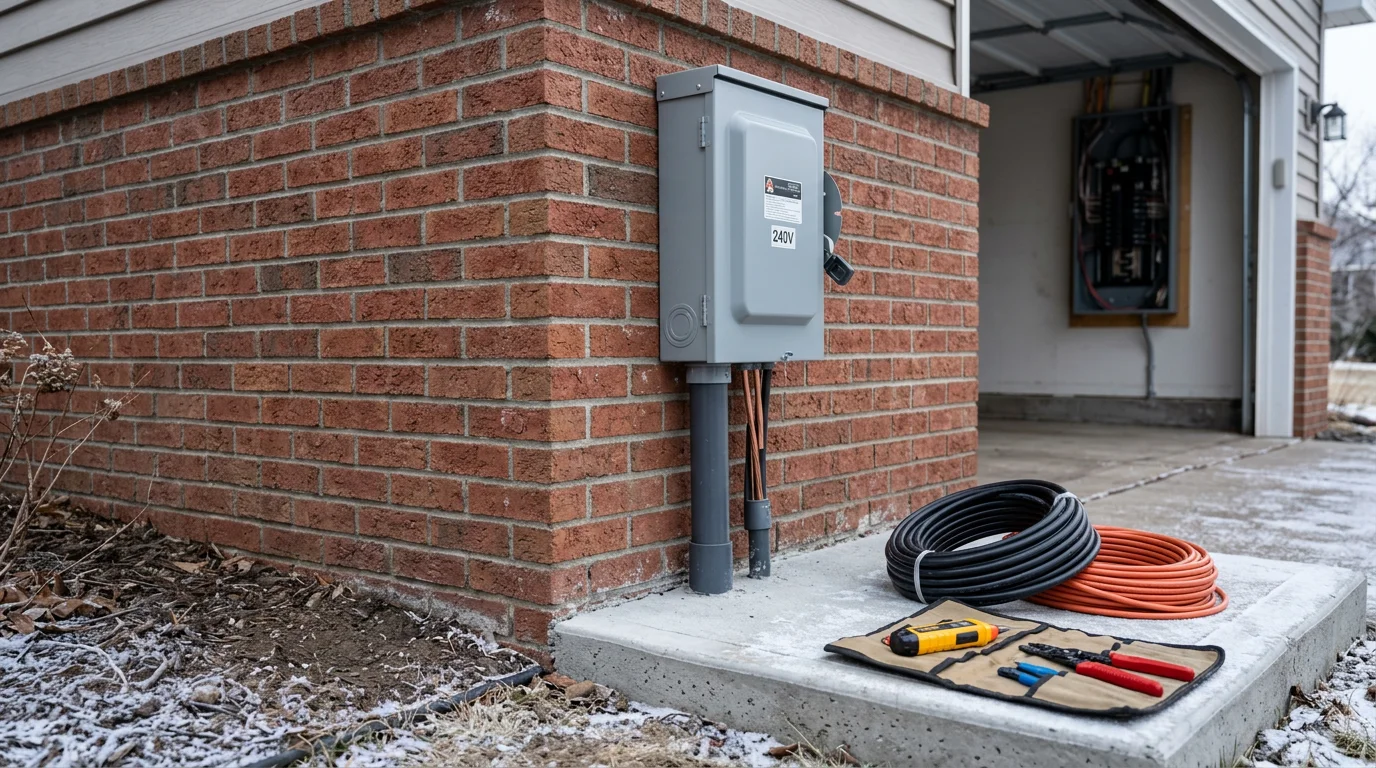 A weatherproof outdoor electrical disconnect box mounted on the exterior wall of a Minneapolis home, with conduit running underground toward a newly installed hot tub on a backyard deck. The setup shows a code-compliant hot tub circuit installation ready for a Minnesota winter.
