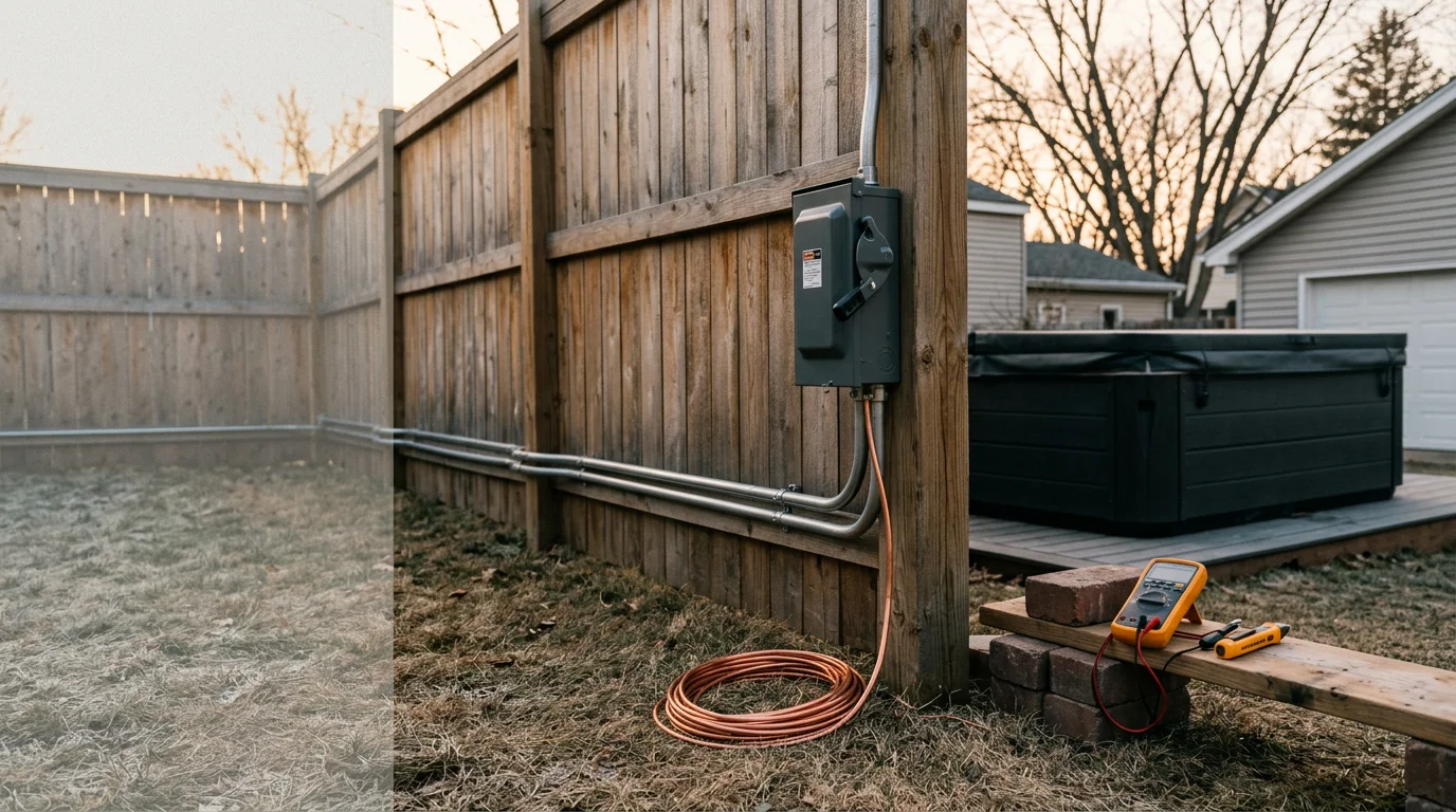 An outdoor hot tub installed on a residential deck in Minneapolis with a weatherproof electrical disconnect box mounted on an exterior wall nearby. A conduit run is visible along the home's siding, connecting the dedicated circuit from the panel to the tub's electrical components.
