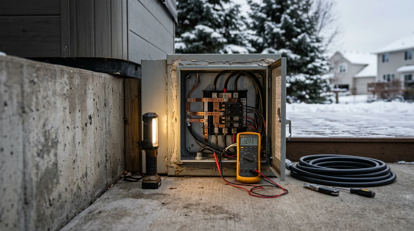An electrician inspecting the wiring inside a hot tub equipment cabinet in a Minneapolis backyard. The outdoor disconnect enclosure and GFCI breaker connections are visible during a diagnostic repair visit.