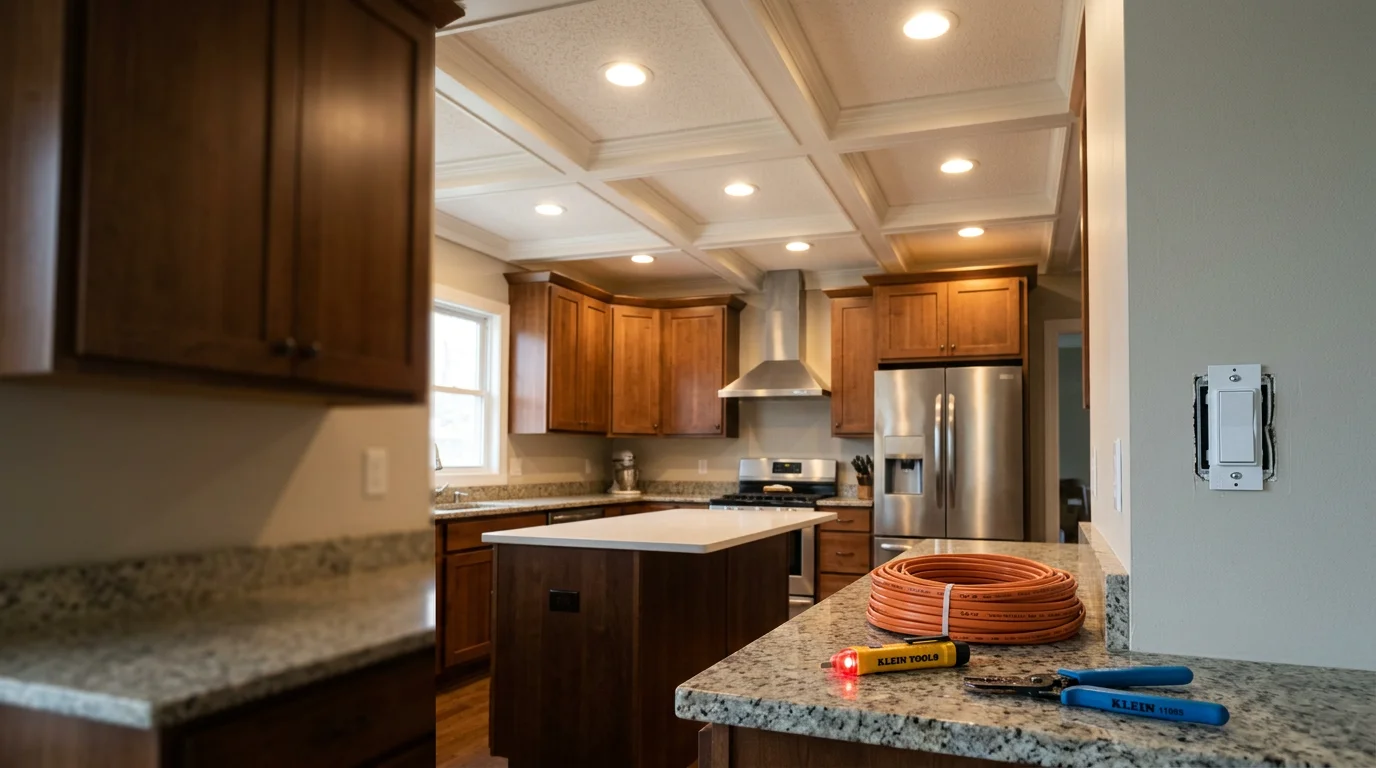 Upgraded kitchen lighting in a Minneapolis home showing bright, evenly distributed overhead fixtures above a kitchen island and counter prep area. An electrician from Eddie Electric completes the final wiring connection at the ceiling junction box.