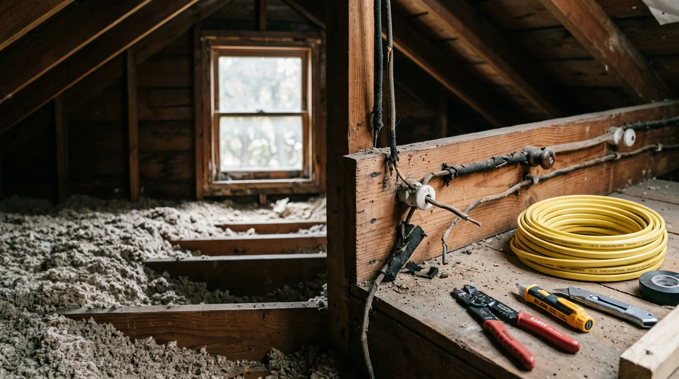 An electrician removing old ceramic knob and tube wiring from the attic of a pre-1940s Minneapolis home. New grounded wiring runs alongside the exposed framing where the outdated system has been pulled out.