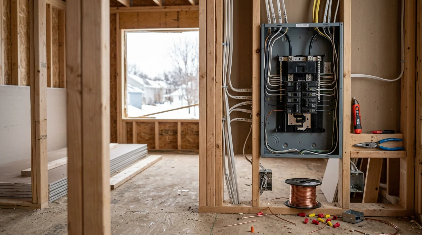 An electrician running new wiring through open wall studs inside a residential new construction home in Minneapolis. Electrical cables are routed neatly between framing members with outlet boxes positioned at code-required heights.