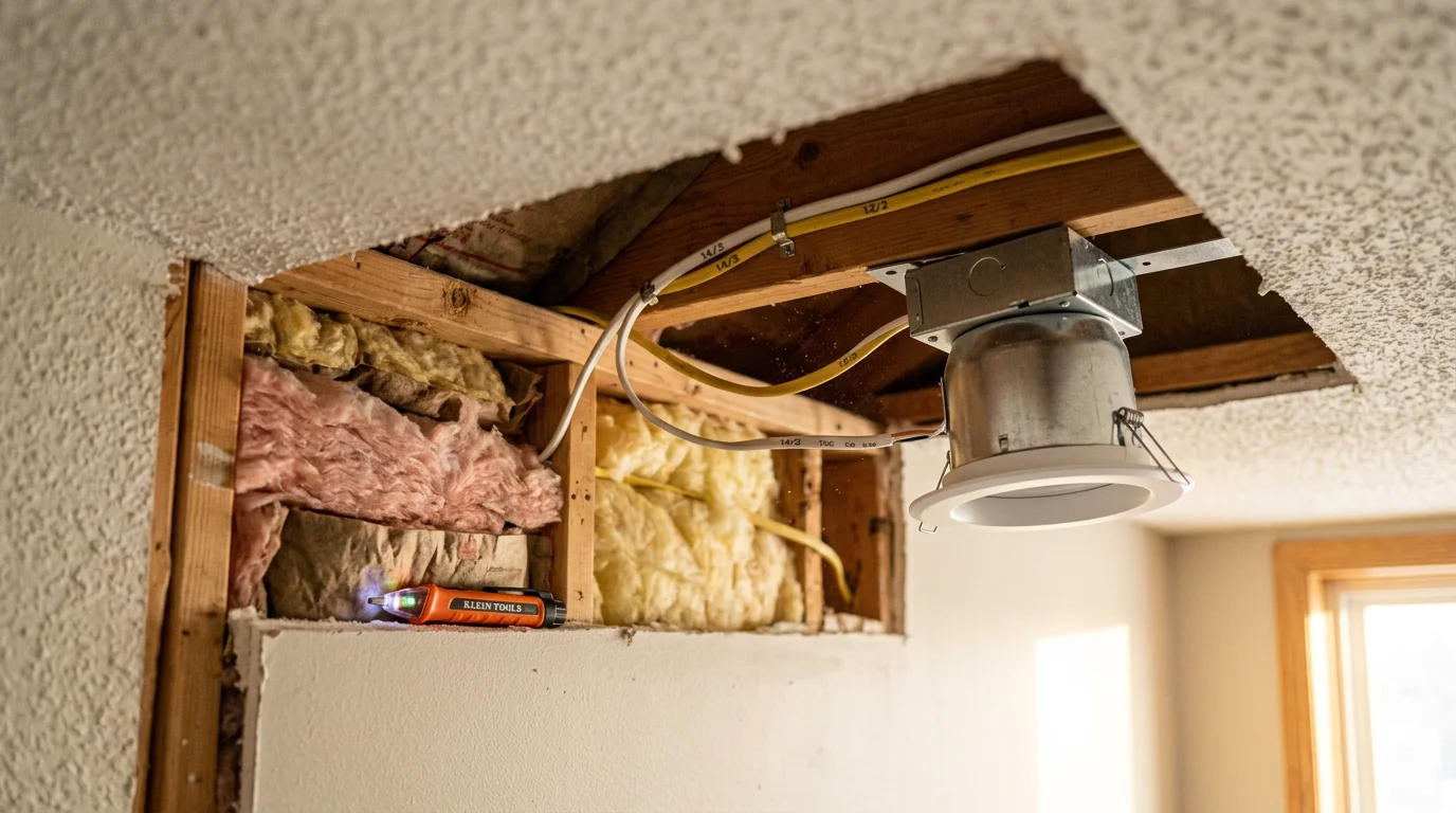 Newly installed recessed lighting fixtures set flush into a white ceiling in a Minneapolis home living room. Evenly spaced LED can lights illuminate the space with clean, shadow-free light.