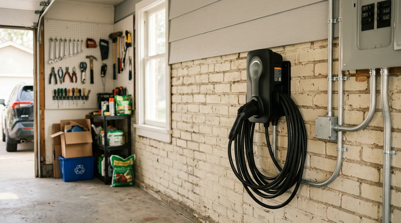 A Level 2 EV charger mounted on the interior wall of a residential garage in Minneapolis, with a dedicated 240-volt circuit wired cleanly to the electrical panel. A plug-in electric vehicle is parked and connected to the charger inside the garage.