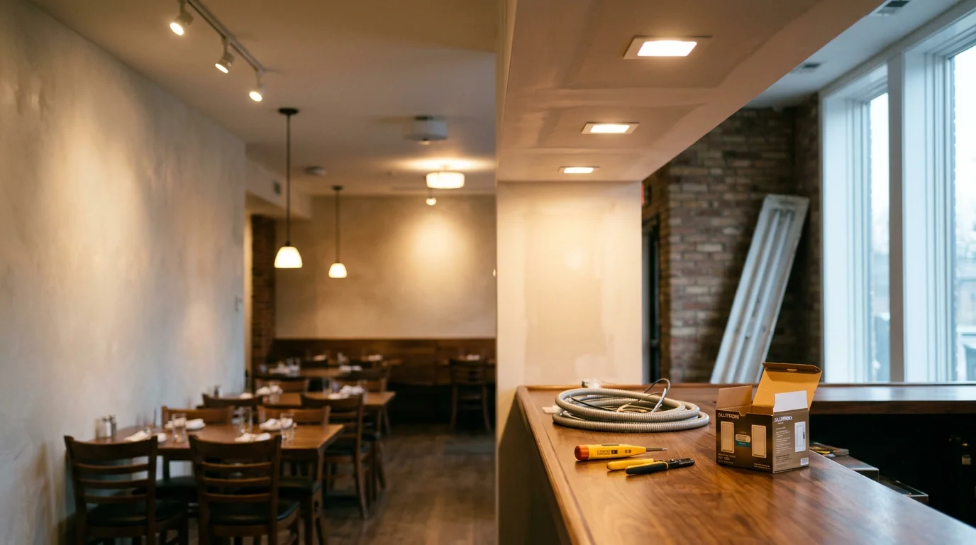 Interior of a Minneapolis restaurant dining room after a professional lighting upgrade, showing warm layered light over tables and a softly lit bar area. Eddie Electric lighting contractor service result in a commercial dining space.