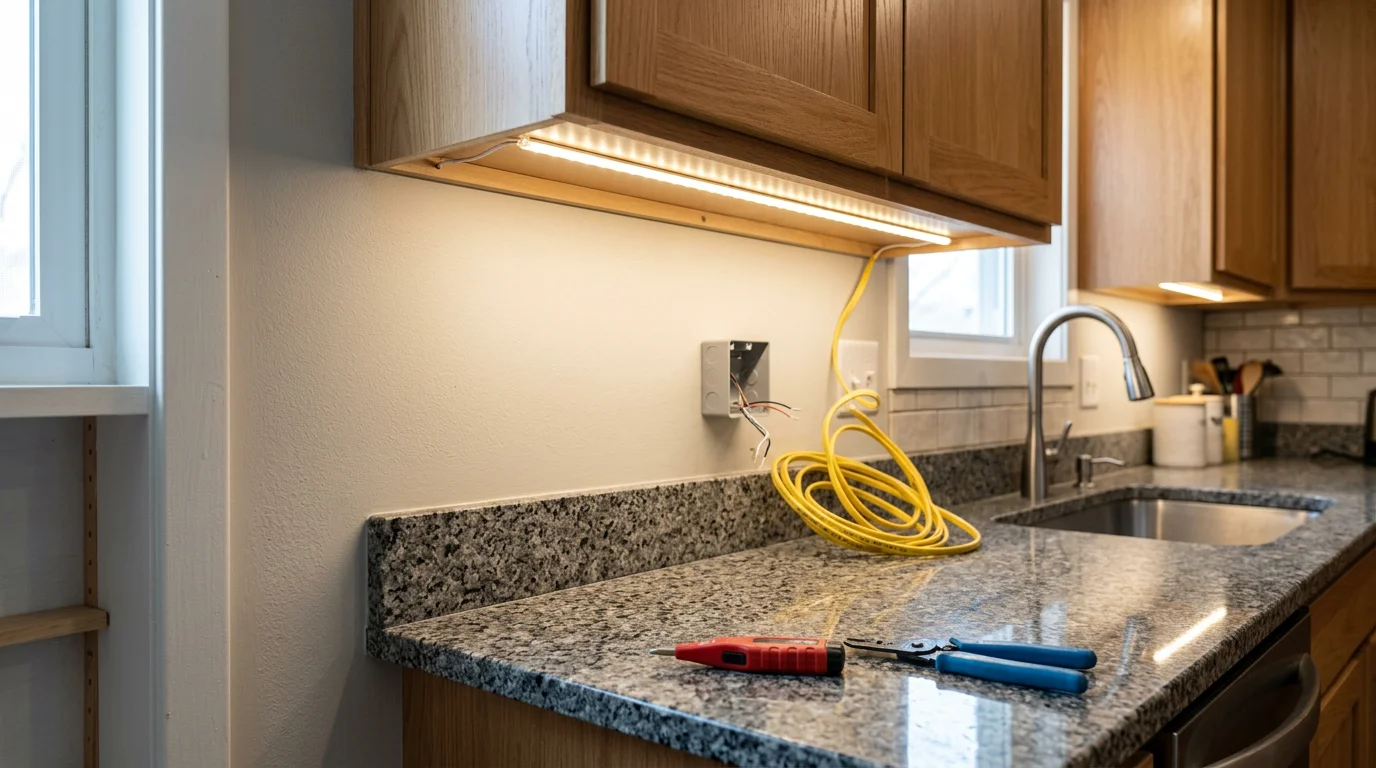 Hardwired under-cabinet lighting installed beneath white kitchen cabinets in a Minneapolis home, casting even light across a dark countertop with no visible cords. A licensed electrician from Eddie Electric completes the final fixture check in a Twin Cities kitchen.